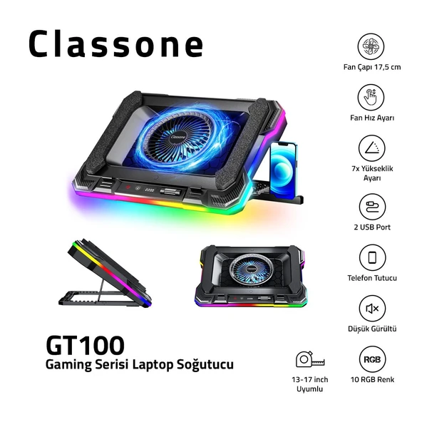 Classone GT100 Telefon Tutuculu 10 RGB Işıklı Gaming Oyuncu Laptop Soğutucu - 2