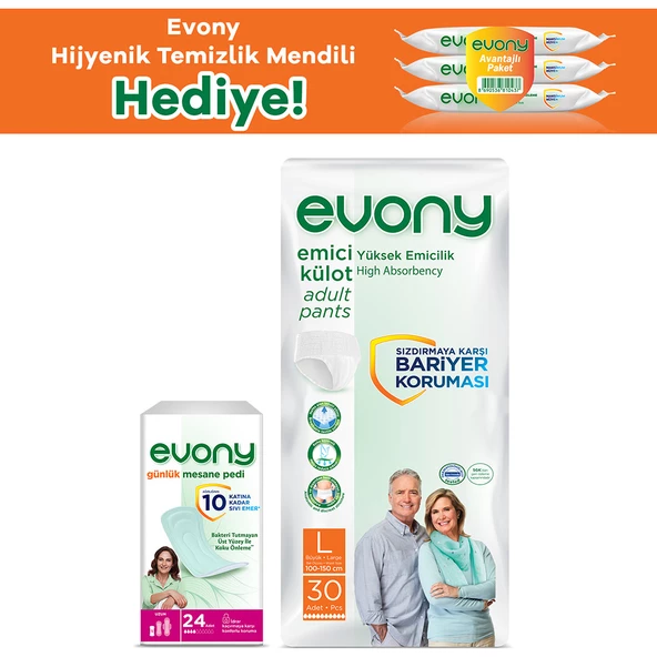 Evony Temizlik Mendili Hediye; Günlük Mesane Pedi Uzun 24lu Emici Külot Large 30lu Hijyenik Temizlik Mendili 15x3