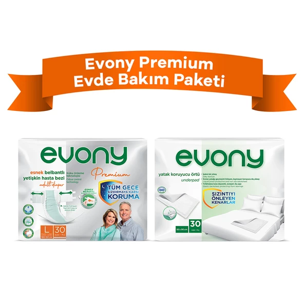 Evony Premium Evde Bakım Paketi: Premium Large Yetişkin Bezi 30lu Hasta Altı Örtüsü 30lu