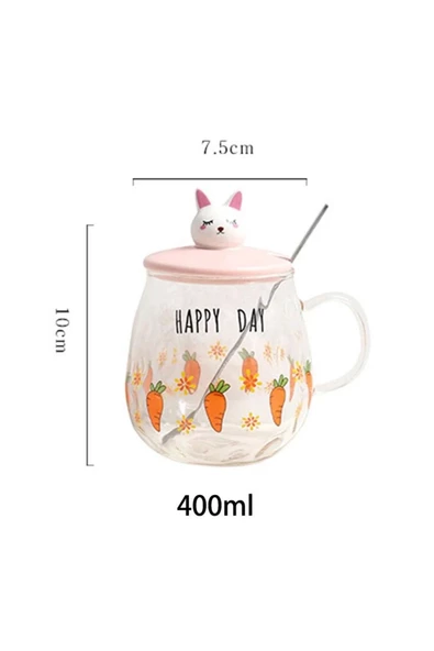 Happy Day Havuç Desenli Tavşan  Figürlü Cam Pipetli Kapaklı Cam Bardak Kupa Dekoratif Hediyelik - 3