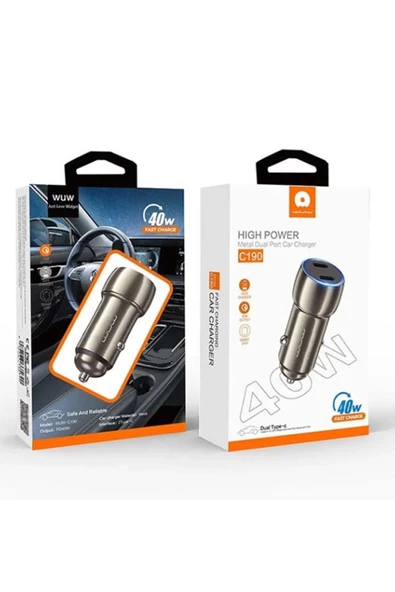 40W Çift USB C Çıkışlı Hızlı Şarj Araç Çakmak Şarj Cihazı Dual Port Type-C + Type-C PD20W+20W - C190 - Resim 2
