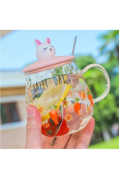 Happy Day Havuç Desenli Tavşan  Figürlü Cam Pipetli Kapaklı Cam Bardak Kupa Dekoratif Hediyelik