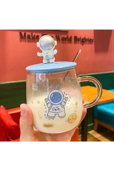 Astronot Figürlü  Kaşıklı Kapaklı Cam Bardak Kupa Dekoratif Hediyelik