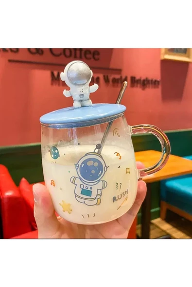 Astronot Figürlü  Kaşıklı Kapaklı Cam Bardak Kupa Dekoratif Hediyelik