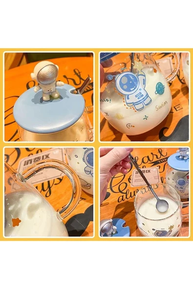 Astronot Figürlü  Kaşıklı Kapaklı Cam Bardak Kupa Dekoratif Hediyelik - 7