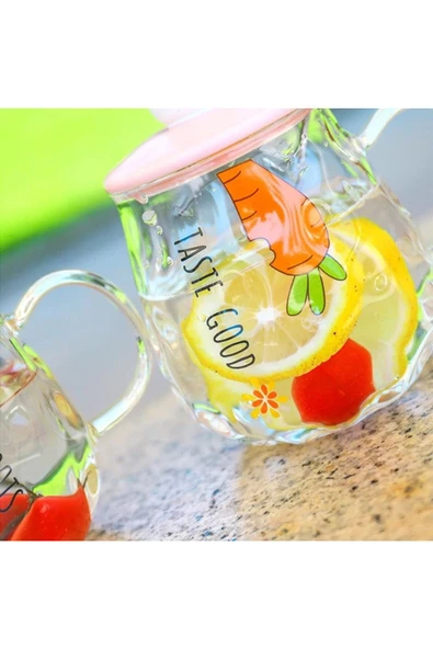 Taste Good Havuç Desenli Tavşan  Figürlü Cam Pipetli Kapaklı Cam Bardak Kupa Dekoratif Hediyelik