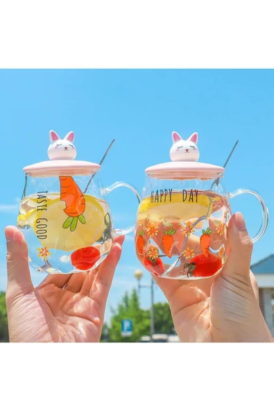 Happy Day Havuç Desenli Tavşan  Figürlü Cam Pipetli Kapaklı Cam Bardak Kupa Dekoratif Hediyelik - 2