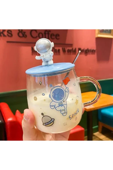 Astronot Figürlü  Kaşıklı Kapaklı Cam Bardak Kupa Dekoratif Hediyelik
