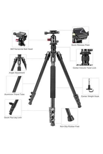Zomei M6 DSLR Tripod 12kg Taşıma Kapasiteli Profesyonel Alüminyum Alaşım 161cm Çantalı - 7