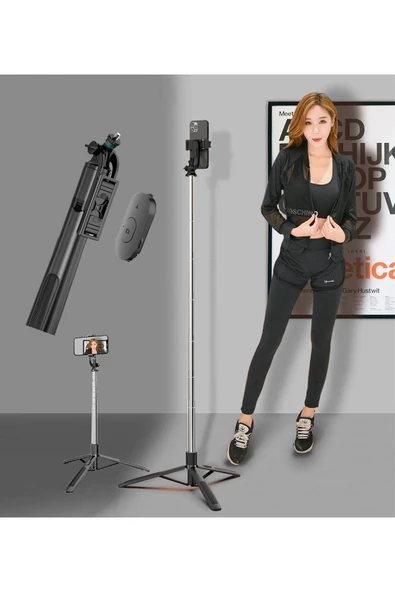 Tripod Ve Selfie Çubuğu 158cm Bluetooth Uzaktan Kumandalı Cep Telefonu Yüksekliği Ayarlanabilir Q05