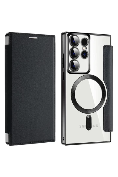 Galaxy S24 Plus uyumlu Flip Cover MagSafe uyumlu Kamera Lens Korumalı Kartlıklı VİNLEKS Deri Kılıf - 1