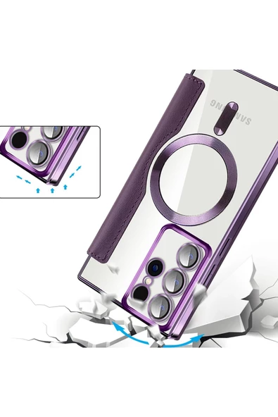 Galaxy S24 Plus uyumlu Flip Cover MagSafe uyumlu Kamera Lens Korumalı Kartlıklı VİNLEKS Deri Kılıf - 4