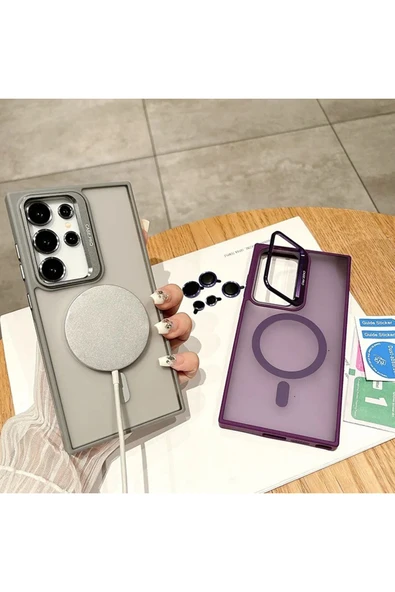 Galaxy S24 ile uyumlu Kamera Lens Aparatlı Stand Olabilen Magsafe ile uyumlu Şeffaf Color Magnetic - 6
