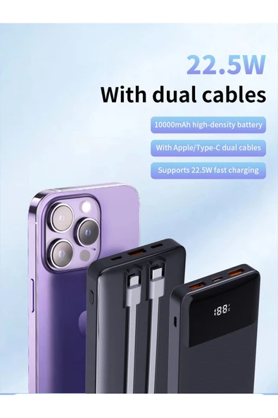 Led Ekranlı Powerbank 10000mah Dahili Type-c Kablo Dahili Lightning Kablo Iphone - 3