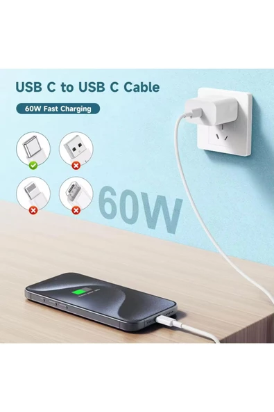 Type-C to Type-C 60W iPhone 15 Uyumlu Data ve şarj Kablo 1 Metre Beyaz Renk USB C to USB C Kablo - Resim 5