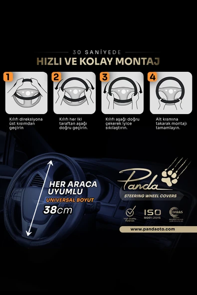 Panda Kılıf Panda Gümüş Taşlı Geçmeli Oto Direksiyon Kılıfı - Karbon - Resim 2