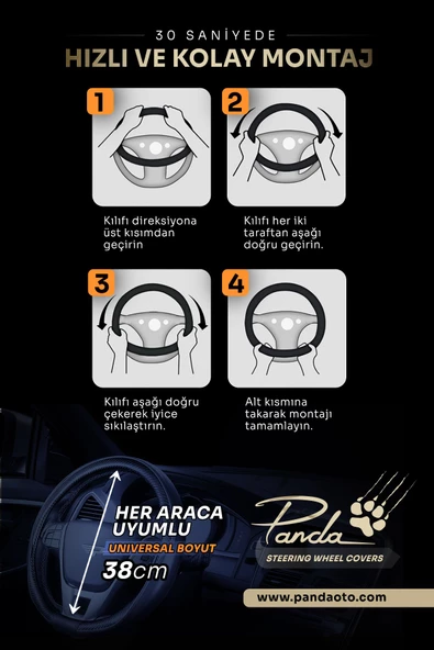 Panda Oto Direksiyon Kılıfı - Delikli Deri / Velucantra Kumaş - 2