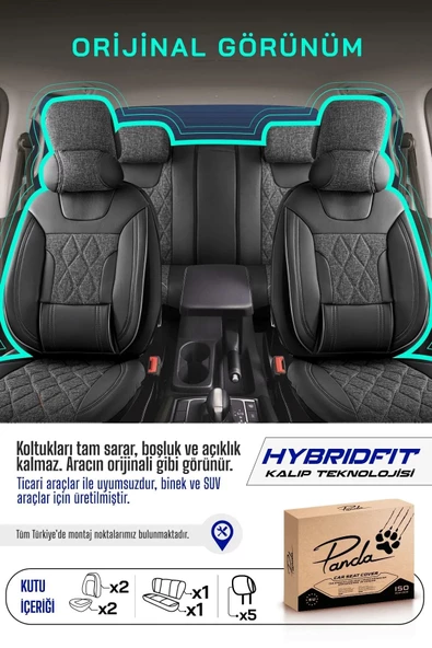 Panda Marmaris Serisi Keten Kumaş Oto Koltuk Kılıfı - Tam Set - 3