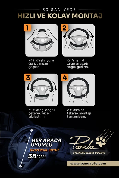 Panda Kılıf Panda Oto Direksiyon Kılıfı - Delikli Deri / Velucantra Kumaş - Resim 2