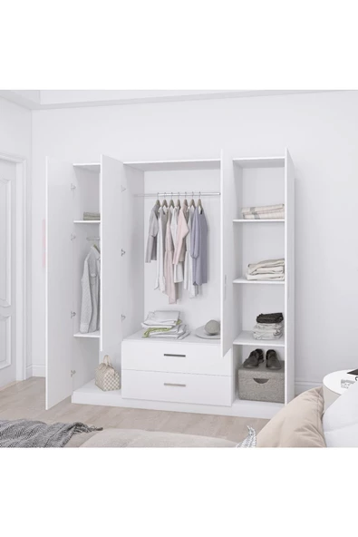 aden home senin evin senin dünyan 3 Kapaklı Gardırop, %100 MDF Beyaz Gardırop, Elbise Dolabı, Kapaklı Çekmeceli Beyaz Gardırop - 4