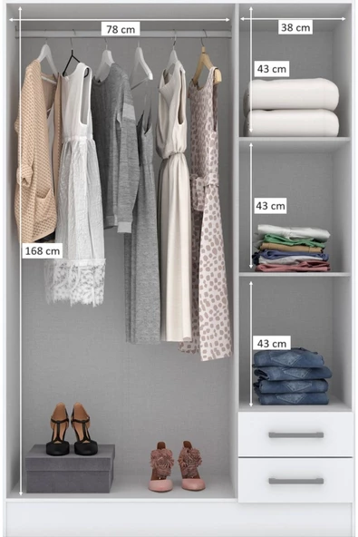 aden home senin evin senin dünyan 3 Kapaklı Gardırop, %100 MDF Beyaz Gardırop, Elbise Dolabı, Kapaklı Çekmeceli Beyaz Gardırop - 2