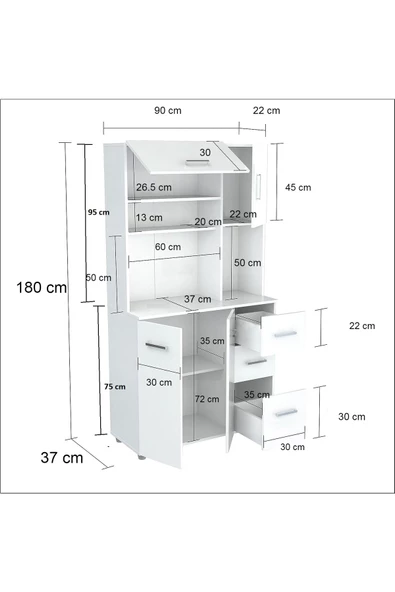 aden home senin evin senin dünyan Hazır Mutfak Dolabı, Çok Amaçlı Mutfak Dolabı, Erzak Kiler Dolabı, Beyaz MDF, 180x100cm, MDLP30 - 8