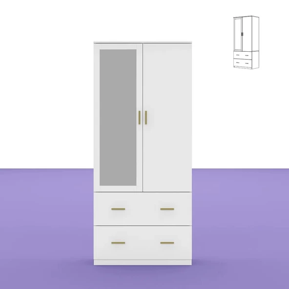 aden home senin evin senin dünyan 2 Kapaklı Aynalı Gardırop, %100 MDF Beyaz Gardırop, Elbise Dolabı, Kapaklı Çekmeceli Beyaz Gardırop - 6