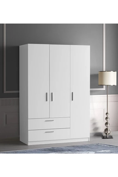 aden home senin evin senin dünyan 3 Kapaklı Gardırop, %100 MDF Beyaz Gardırop, Elbise Dolabı, Kapaklı Çekmeceli Beyaz Gardırop - 3
