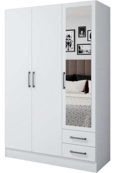 aden home senin evin senin dünyan 3 Kapaklı Gardırop, %100 MDF Beyaz Gardırop, Elbise Dolabı, Kapaklı Çekmeceli Beyaz Gardırop - 3