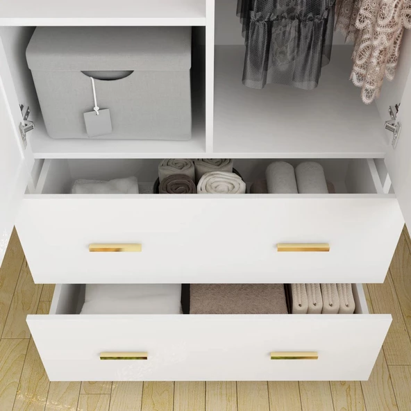 aden home senin evin senin dünyan 2 Kapaklı Aynalı Gardırop, %100 MDF Beyaz Gardırop, Elbise Dolabı, Kapaklı Çekmeceli Beyaz Gardırop - 4
