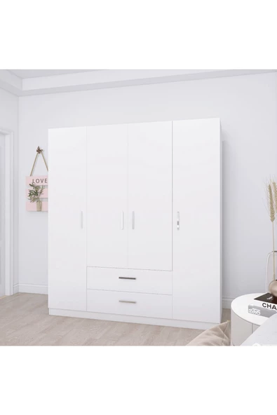 aden home senin evin senin dünyan 4 Kapaklı Gardırop, %100 Mdf Beyaz Gardırop, Elbise Dolabı, Kapaklı Çekmeceli Beyaz Gardırop - 5