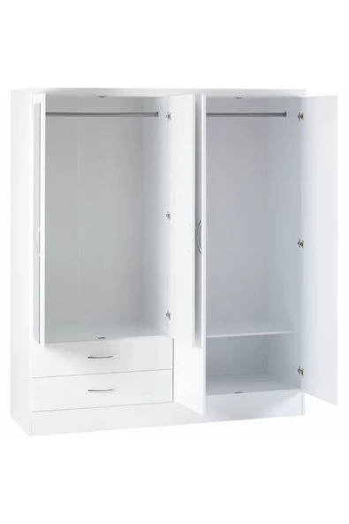 aden home senin evin senin dünyan 4 Kapaklı Aynalı Gardırop, %100 MDF Beyaz Gardırop, Elbise Dolabı, Kapaklı Çekmeceli Beyaz Gardırop - 2