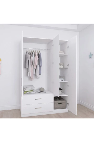 aden home senin evin senin dünyan 3 Kapaklı Gardırop, %100 MDF Beyaz Gardırop, Elbise Dolabı, Kapaklı Çekmeceli Beyaz Gardırop - 6