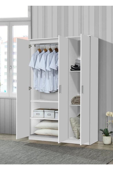 aden home senin evin senin dünyan 3 Kapaklı Gardırop, %100 MDF Beyaz Gardırop, Elbise Dolabı, Kapaklı Çekmeceli Beyaz Gardırop - 2