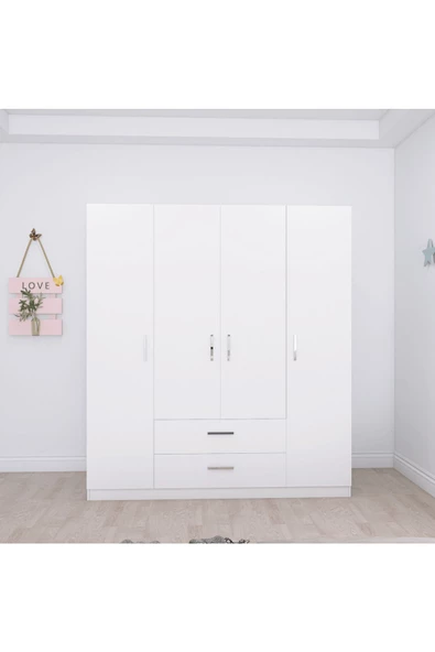 aden home senin evin senin dünyan 4 Kapaklı Gardırop, %100 Mdf Beyaz Gardırop, Elbise Dolabı, Kapaklı Çekmeceli Beyaz Gardırop - 2