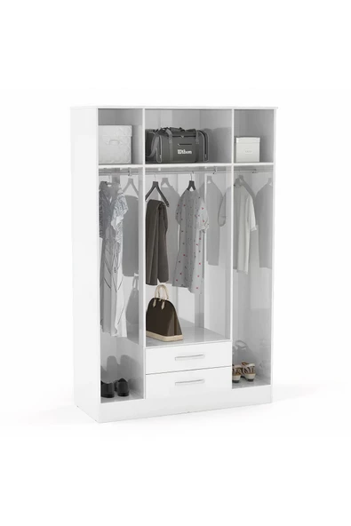 aden home senin evin senin dünyan 4 Kapaklı Aynalı Gardırop, %100 MDF Beyaz Gardırop, Elbise Dolabı, Kapaklı Çekmeceli Beyaz Gardırop - 5