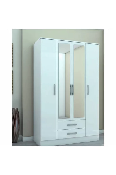 aden home senin evin senin dünyan 4 Kapaklı Aynalı Gardırop, %100 MDF Beyaz Gardırop, Elbise Dolabı, Kapaklı Çekmeceli Beyaz Gardırop - 2