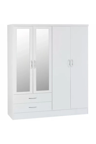 aden home senin evin senin dünyan 4 Kapaklı Aynalı Gardırop, %100 MDF Beyaz Gardırop, Elbise Dolabı, Kapaklı Çekmeceli Beyaz Gardırop - 3