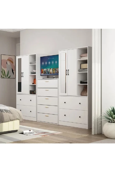 aden home senin evin senin dünyan Aynalı Kapaklı Çekmeceli Açık Gardırop, Elbise Dolabı, Beyaz MDF, 180x90cm, M-GRD26 - 4