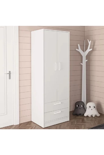 aden home senin evin senin dünyan 2 Kapaklı 2 Çekmeceli Gardırop, MDF Beyaz Gardırop, Elbise Dolabı, Çok Amaçlı Dolap - 6