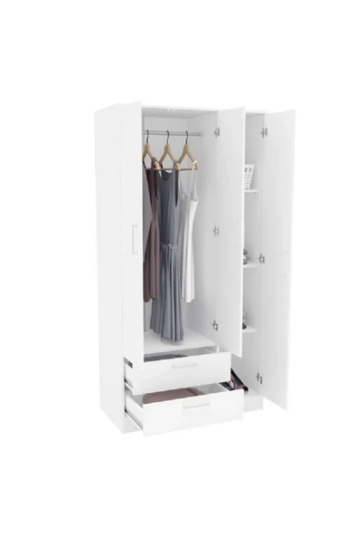 aden home senin evin senin dünyan 3 Kapaklı 2 Çekmeceli Gardırop, MDF Beyaz Gardırop, Elbise Dolabı, Çok Amaçlı Dolap - 7