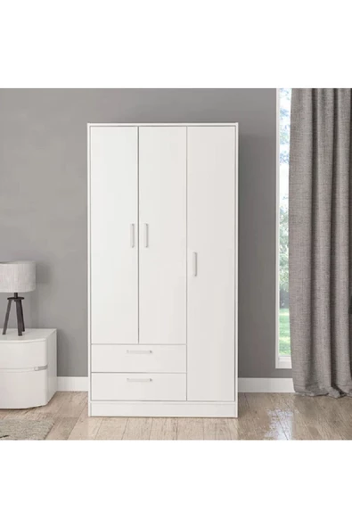 aden home senin evin senin dünyan 3 Kapaklı 2 Çekmeceli Gardırop, MDF Beyaz Gardırop, Elbise Dolabı, Çok Amaçlı Dolap - 6