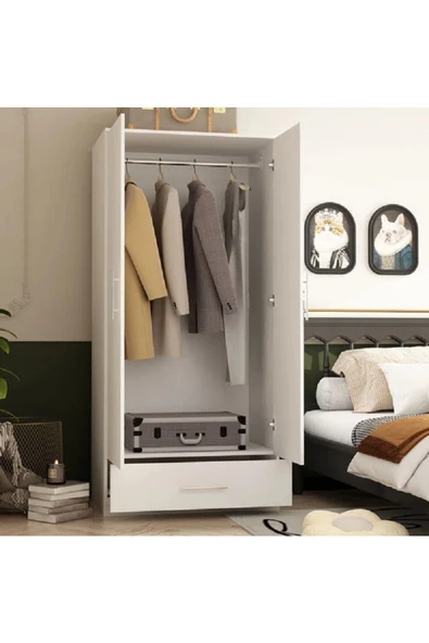 aden home senin evin senin dünyan Zenith 2 Kapaklı Çekmeceli Gardırop, Elbise Dolabı, %100 Beyaz Mdf - 2