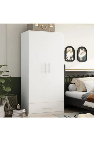 aden home senin evin senin dünyan Zenith 2 Kapaklı Çekmeceli Gardırop, Elbise Dolabı, %100 Beyaz Mdf