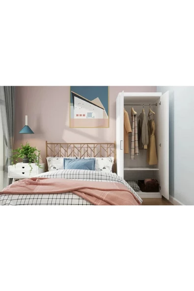 aden home senin evin senin dünyan 2 Kapaklı Beyaz Gardırop, %100 Mdf Gardırop, Elbise Dolabı - 6