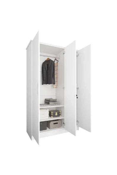 aden home senin evin senin dünyan 3 Kapaklı Raflı Beyaz Gardırop, %100 Mdf Gardırop, Elbise Dolabı - 3
