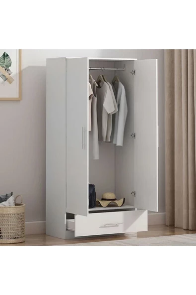 aden home senin evin senin dünyan 2 Kapaklı Çekmeceli Beyaz Gardırop, %100 Mdf Gardırop, Elbise Dolabı - 2