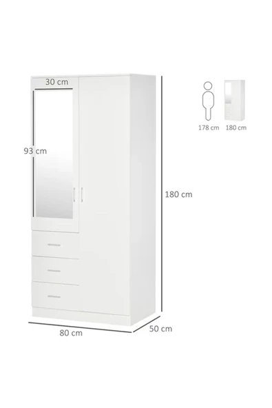 aden home senin evin senin dünyan Kapaklı Çekmeceli Gardırop, Aynalı Gardırop, Elbise Dolabı, MDF Beyaz Gardırop - 4