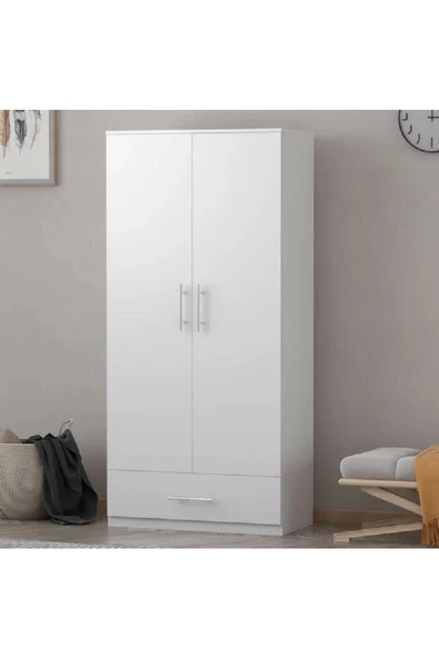 aden home senin evin senin dünyan 2 Kapaklı Çekmeceli Beyaz Gardırop, %100 Mdf Gardırop, Elbise Dolabı