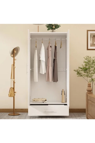 aden home senin evin senin dünyan 2 Kapaklı Çekmeceli Gardırop, Elbise Dolabı, Beyaz MDF, 170x80cm, M-GRD24 - 3